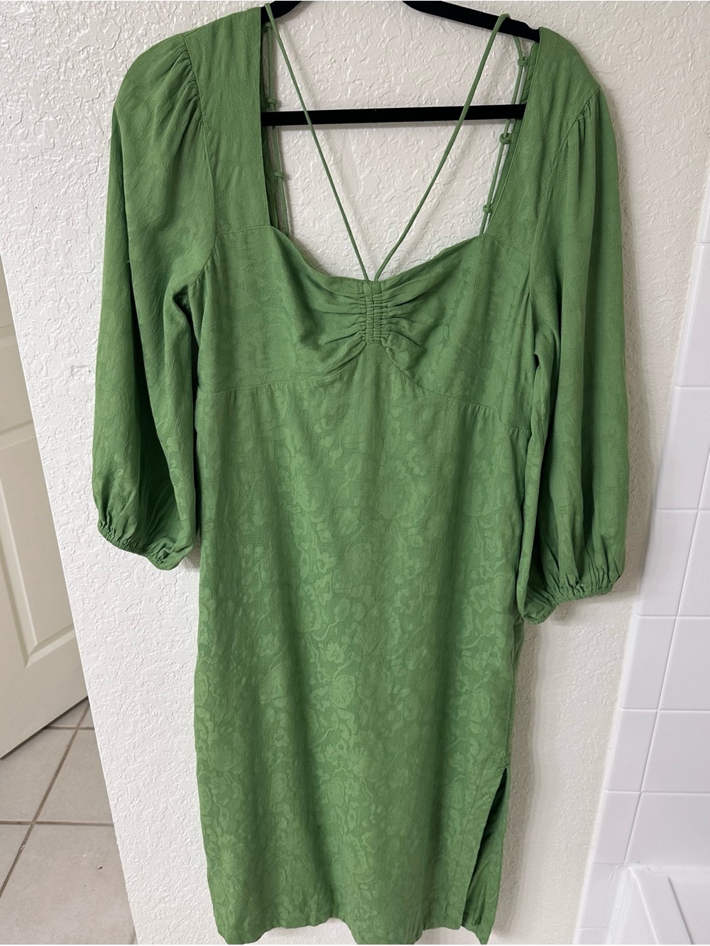 Maeve Anthropologie Green Jacquard Open Back Midi Dress Puff Sleeve US 10 - Picture 12 of 14